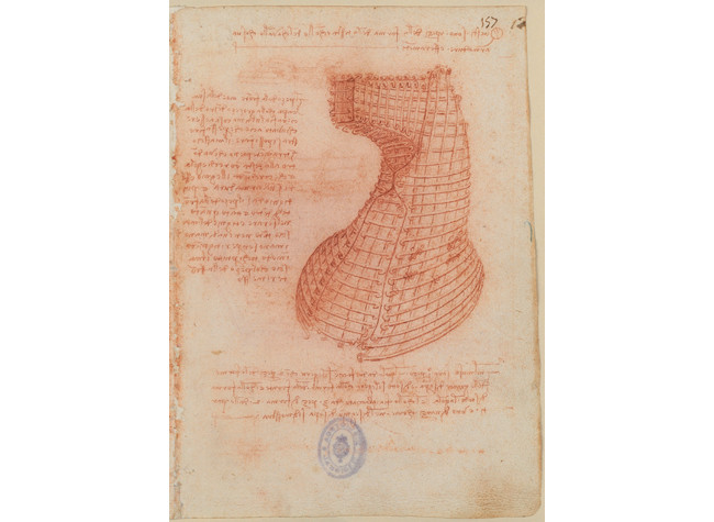 Leonardo da Vinci, Protección metálica de la cabeza del caballo Sforza. BNE, Codex Madrid II (Mss. 8936), f. 157r.
