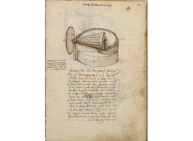 Leonardo da Vinci, Mecanismos reguladores de la velocidad de rotación de un reloj. BNE, Codex Madrid I (Mss. 8937), f. 16r.