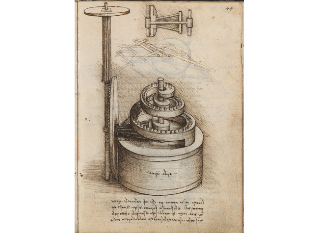 Leonardo da Vinci, Mecanismos reguladores de la velocidad de rotación de un reloj. BNE, Codex Madrid I (Mss. 8937), f. 45r.