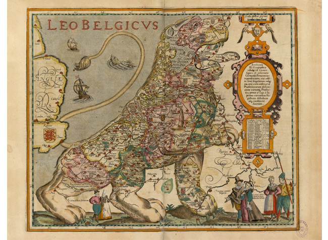 Mapa de los Países Bajos en forma de león (Leo Belgicus); Pieter van den Keere, BNE, 1622