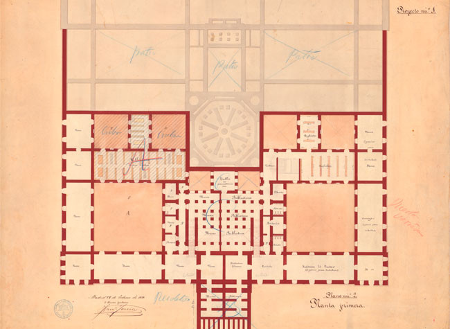 Planta baja a Recoletos del Palacio de Biblioteca y Museos Nacionales, firmada por Francisco Jareño el 28 de febrero de 1878.Madrid, AGMF. 2-9-217.
