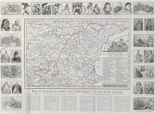 Mapa con los parajes por donde anduvo Don Quijote en busca de aventuras; Miguel de Cervantes, mapa de Tomas López; ilustraciones de Gustave Doré, BNE, 1947