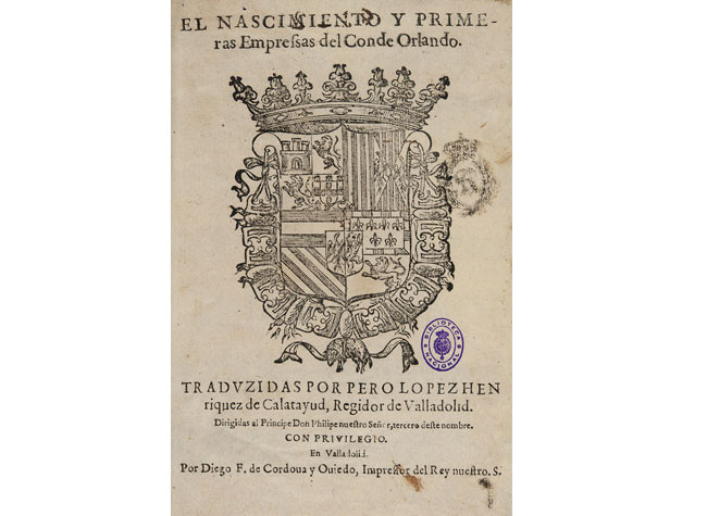 El nascimiento y primeras empressas del Conde Orlando de Lodovico Dolce (1594?). BNE, R/5316 Portada