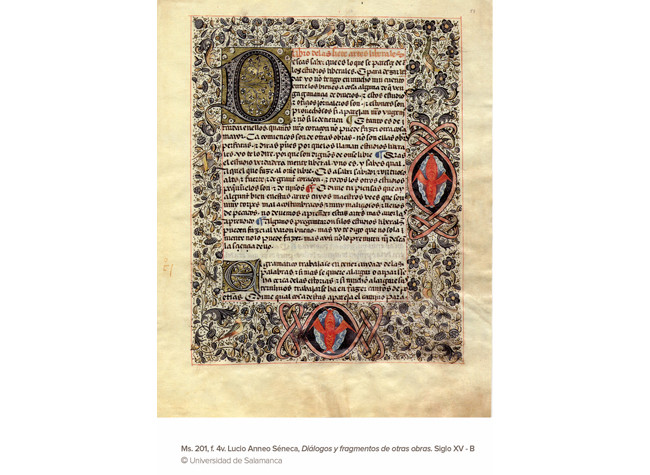 Ms. 201, f. 4v. Lucio Anneo Séneca, Diálogos y fragmentos de otras obras. Siglo XV - B, Universidad de Salamanca