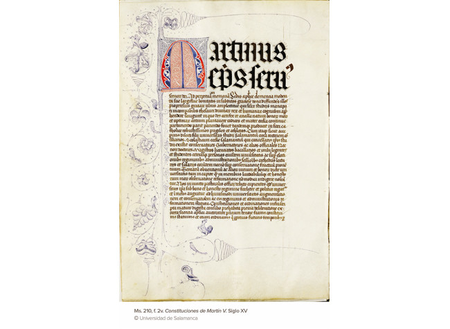 Ms. 210, f. 2v. Constitución de Martín V. Siglo XV, Universidad de Salamanca
