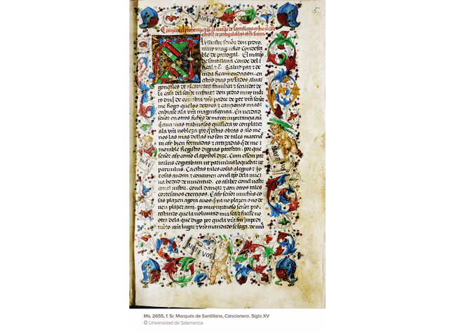 Ms. 2655, f. 5r. Marqués de Santillana Cancionero. Siglo XV, Universidad de Salamanca