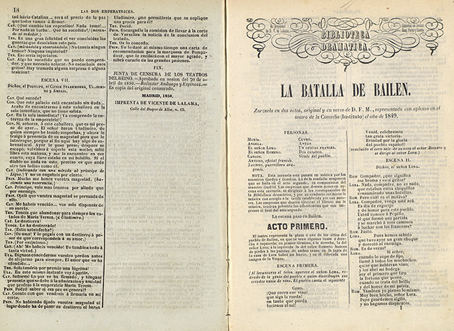 La batalla de Bailén [Texto impreso] : zarzuela en dos actos, original y en verso, 1850. BNE, T/7398