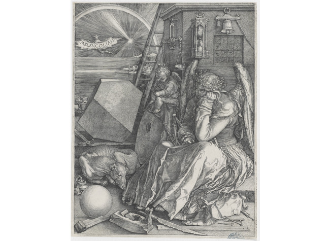 Albrecht Dürer, La Melancolía. 1514. Estampa: buril, 242 × 190 mm. Perteneció a la colección de estampas de Ceán Bermúdez.  BNE, INVENT/29774