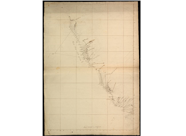 BAUZÁ Y CAÑAS, Felipe. Alaska: Borradores para el dibujo de la línea de costa (Expedición de Malaspina y Bustamante). 1791. BNE.