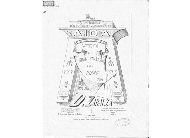 Partitura de la Gran fantasía para piano sobre motivos de Aida de Verdi, Dámaso Zabalza. 1876. MC/26/50, BNE