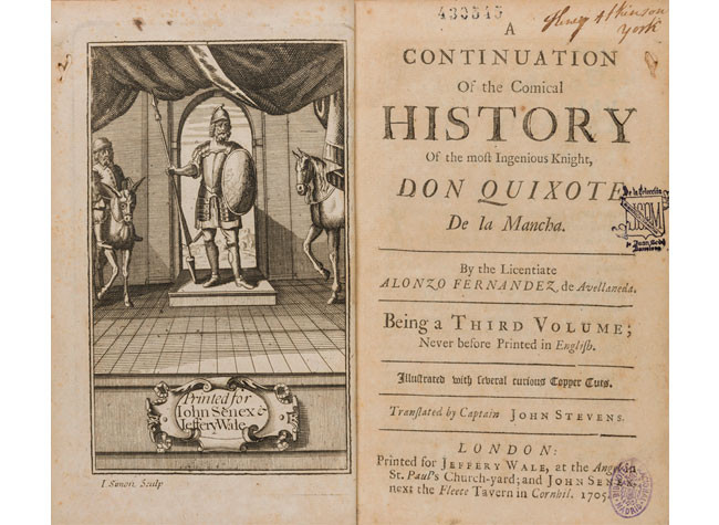A continuation of the comical history of the most ingenious Knight, Don Quixote de la Mancha, Fernández de Avellaneda, Alonso (1705). BNE, CERV.SEDÓ/4897