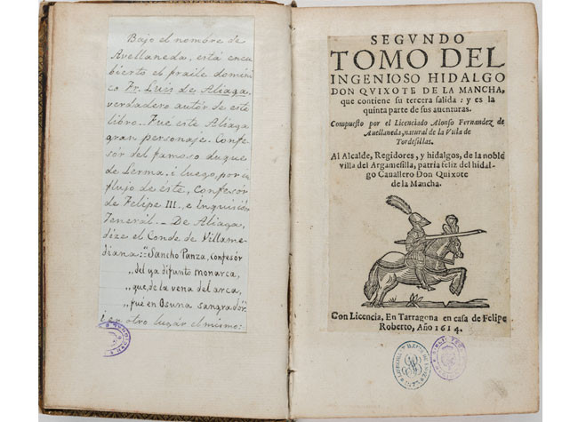Segundo tomo del ingenioso hidalgo don Quixote de la Mancha. En Tarragona en casa de Felipe  Roberto, Año 1614. BNE, CERV.SEDÓ/8669