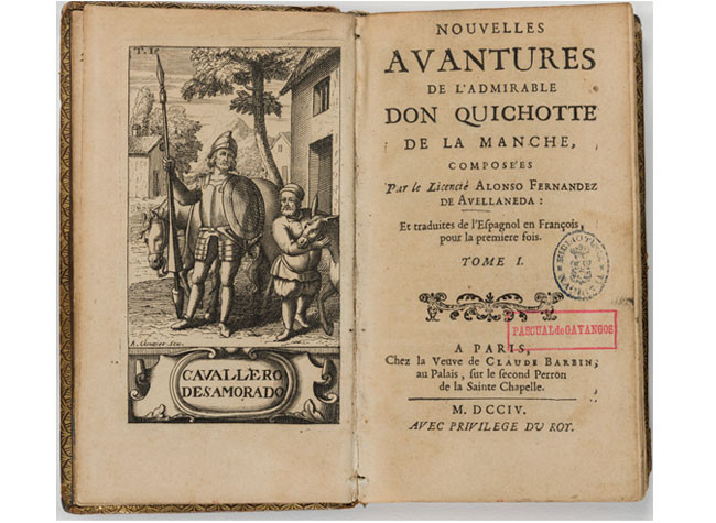 Nouvelles avantures de ladmirable don Quichotte de la Manche. Paris: chez la Veuve de Claude Barbin ..., 1704. Primera traducción francesa: CERV/2518