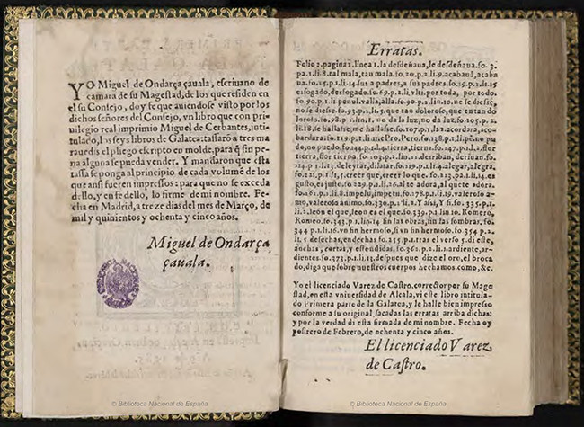 Primera parte de la Galatea : diuidida en seys libros cõpuesta por Miguel de Ceruantes, 1585. BNE, CERV/2538