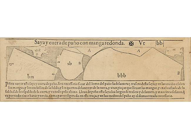 Juan de Alcega, Guillermo-Drouy: Libro de geometria, practica y traça : el qual trata de lo tocante al officio de sastre para saber pedir el paño, seda o otra tela..., 1580. BNE, R/7641