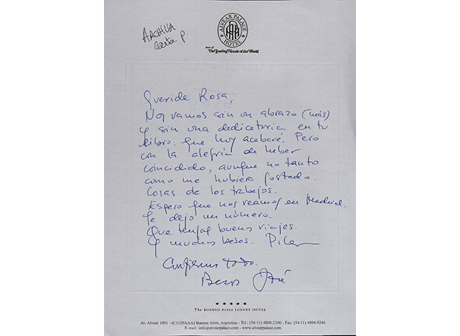 Carta de Pilar y José Saramago desde Buenos Aires a Rosa Montero
