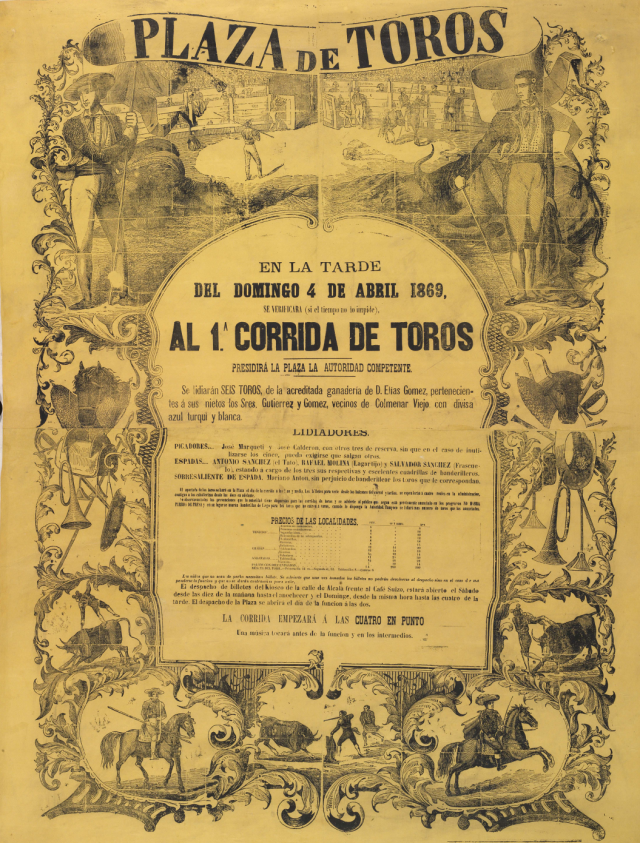Cartel de la 1.ª corrida de toros, 4 de abril de 1869